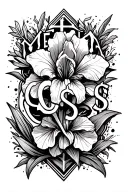 Shadded background with the word Medina in center and a "G$" an iris flower as well as a cross  tattoo design idea