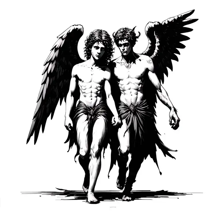 loving angel guiding a demon boy walking hand in hand tattoo design idea