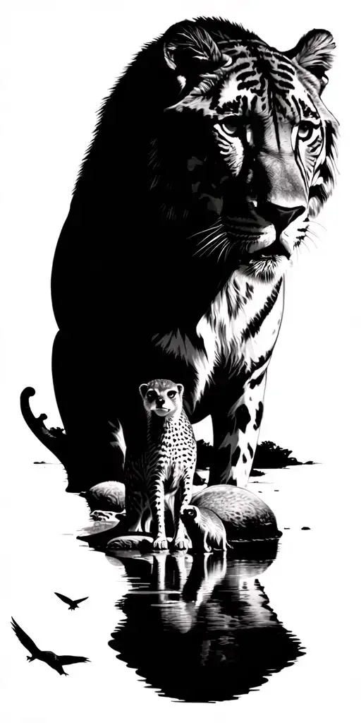 Safari tiger with african horizon, a lioness under the horizon, a cheetah near water under meerkats, water, trees, birds tattoo design idea