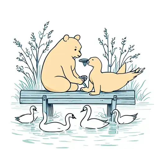 mama bear and cub that look like Winnie the Pooh on a bench feeding swans in a pond  tattoo design idea