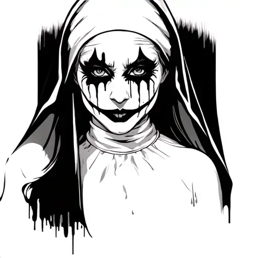 a sexy evil nun with black dripping eye make up joker atyle tattoo design idea