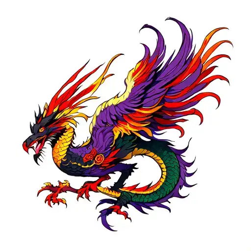 Let's see a Chinese phoenix bird and a dragon. The basic colors are mauve and purple and red and orange and yellow and t tattoo design idea
