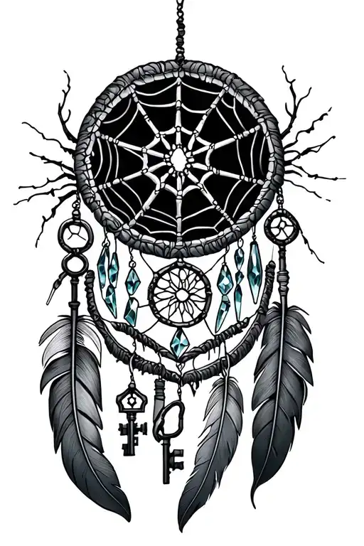 3 teir spider web dream catcher with feathers, skeleton keys, and crystals tattoo design idea