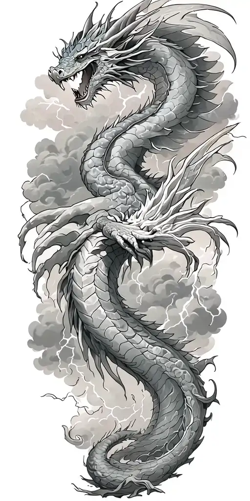 leviathan, virgo, typhoon, wings, clouds, dragon, fighting, midgar background, manlike body, storm, lightning tattoo design idea