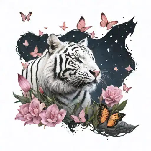 a white tiger and a fox booping noses under a starry sky in a field of pink butterflies  tattoo design idea