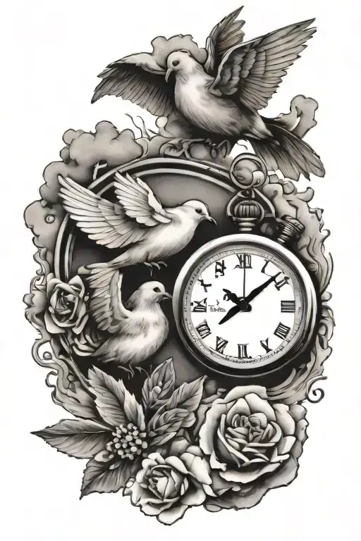 1 stopwatch with clouds and doves tattoo design idea