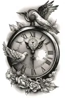 1 stopwatch with clouds and doves tattoo design idea