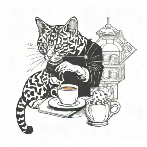 A barista pouring milk tea into a Rubik's cube-shaped cup, with a cat and girlfriend looking on tattoo design idea