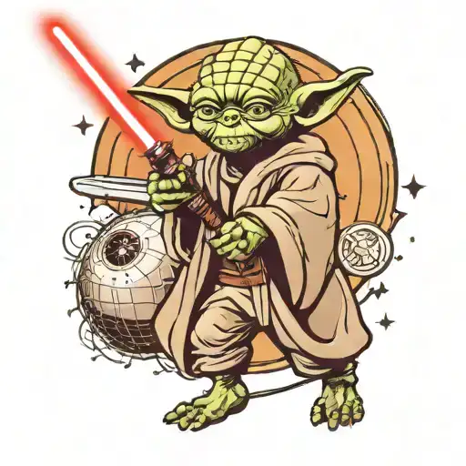 yoda holding a light saber with death star behind him  tattoo design idea