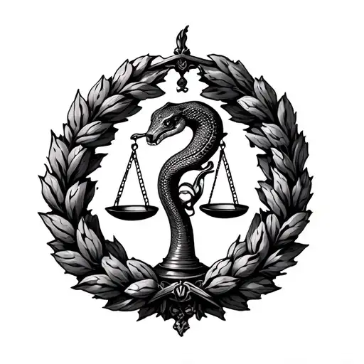 Roman wreath around a set of scales with a snake eating its own tail tattoo design idea