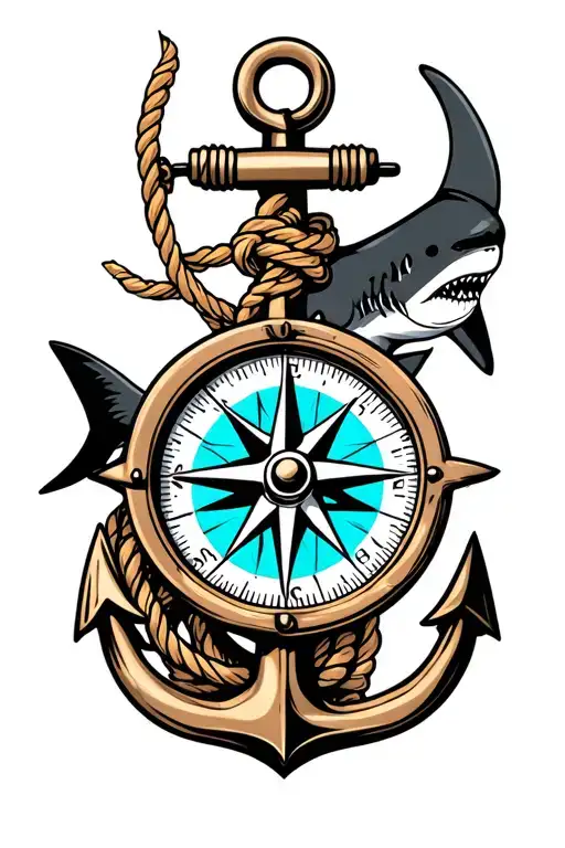 nautical compass boat anchor with rope wrapped and a shark behind  tattoo design idea