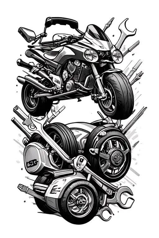cars, motorcycles, gaming controllers, headset, brain and spanner tattoo design idea