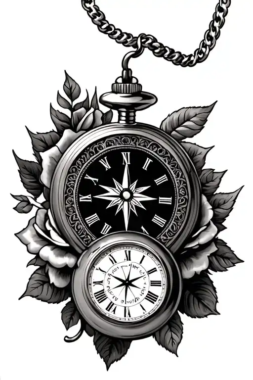 Pocket Watch, Roses, Compass, With 3 Grandchildren Birth Dates And Time Tattoo tattoo design idea
