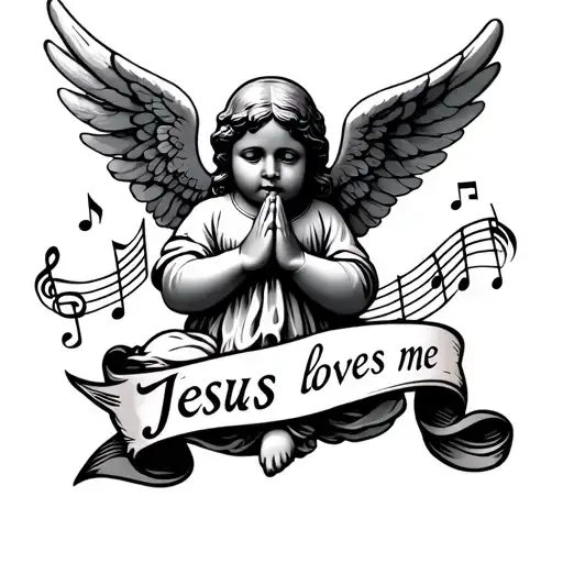 religious symbol intertwined with baby angel praying hands music notes and a saying Jesus loves me tattoo design idea