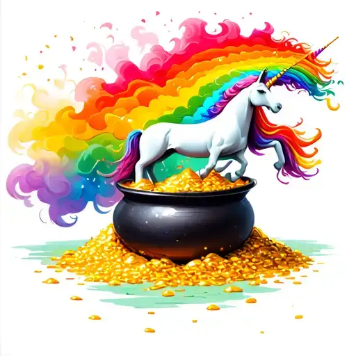 unicorn shitting a rainbow out of its asshole, which is visible and puckered.  the rainbow goes into a pot of gold tattoo design idea