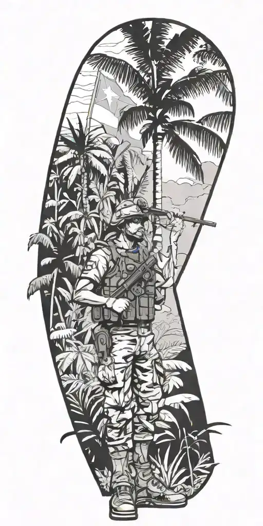 A Puerto Rican rainforest landscape with a soldier standing proudly in front of the Coqui flag, symbolizing the client's heritage and military service tattoo design idea