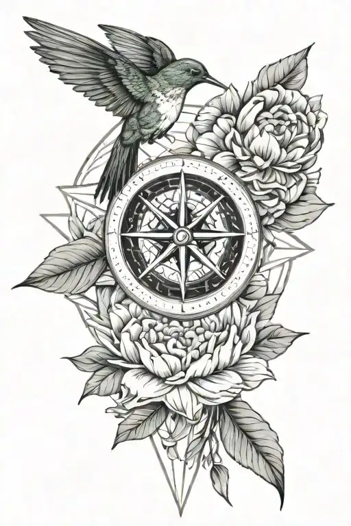 compass, peony, hummingbird, yoga pose tattoo design idea
