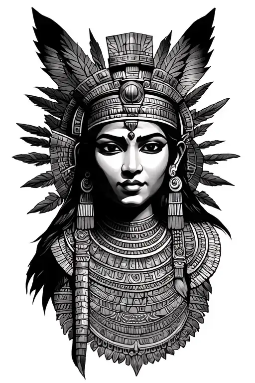 mayan goddess surrounded puma, pyramid, phylogliphs tattoo design idea