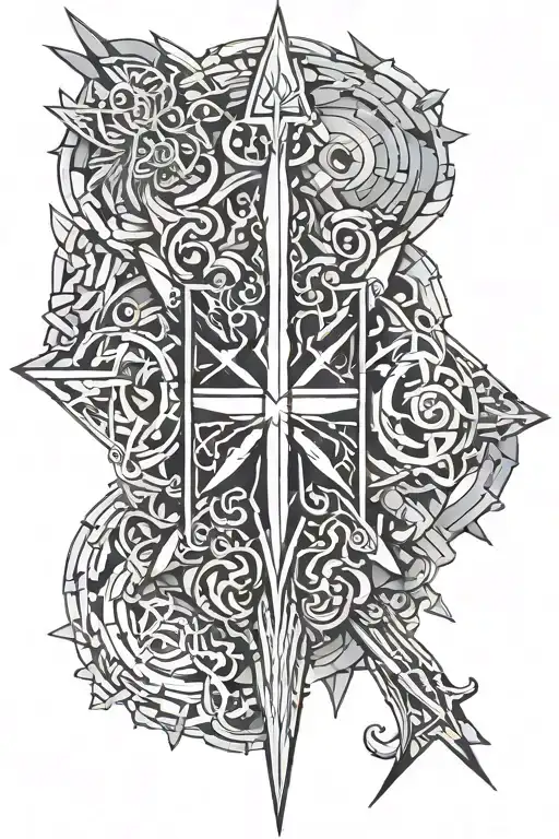 The word "Invincible" with claymore  through it on the top tattoo design idea