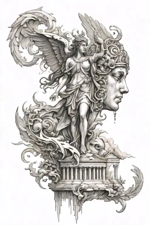 A tattoo sketch for a sleeve with a theme of ancient Greek mythology, so that Athena, angels, gods and buildings are pre tattoo design idea