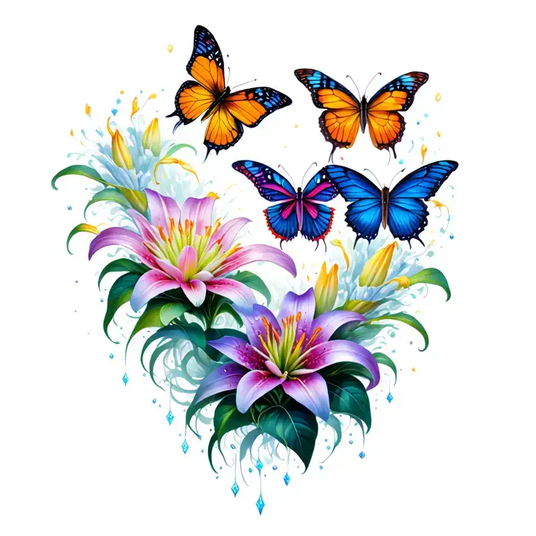 Butterflies, Lilies, twinkles surrounding them tattoo design idea