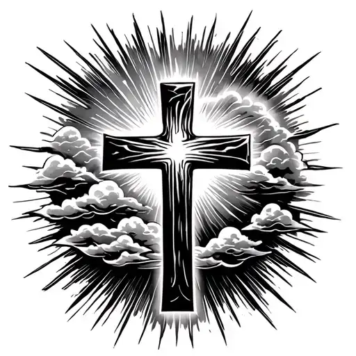 cross in clouds floating with sun rays tattoo design idea