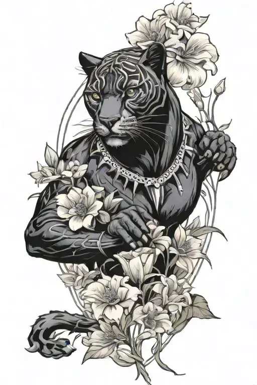 black panther,lunar,Daisy ,sweet pea flowers,blue tattoo design idea