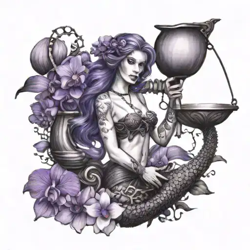A realistic portrait of a mermaid holding a scale of justice, surrounded by purple orchids tattoo design idea