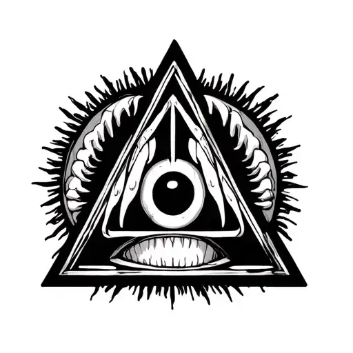 around the triangle there are teeth around the triangle and inside the triangle there is an eye and all this is on a hum tattoo design idea