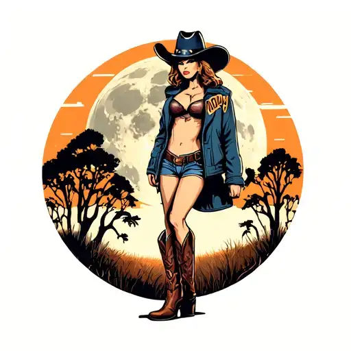 retro sexy cowgirl standing wearing cowboy boots facing away jacket says howdy on the back. full moon in background  tattoo design idea