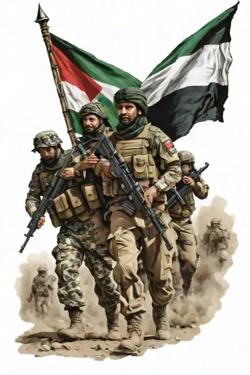 middle eastern soldiers holding Palestinian flag colord tattoo design idea