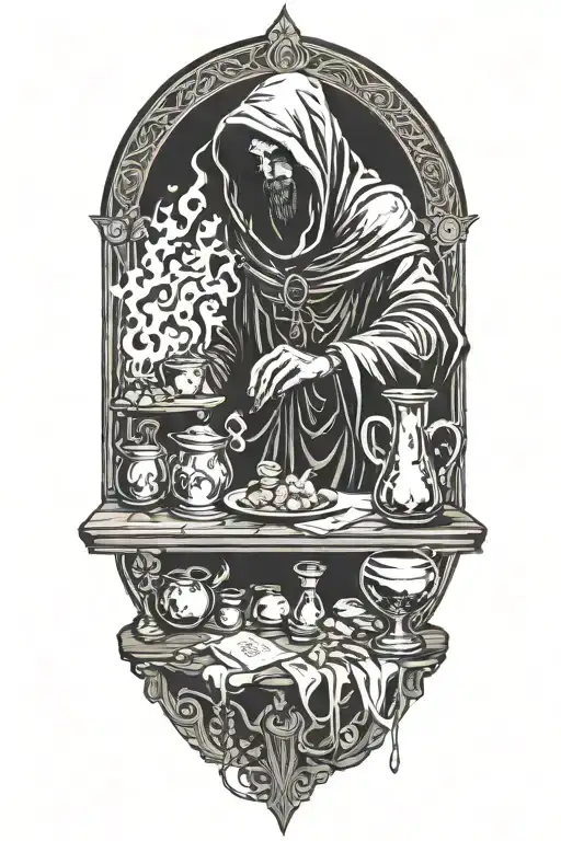 Hodded alchemist cultist, rituals on a table, twisted background, tarot cards tattoo design idea