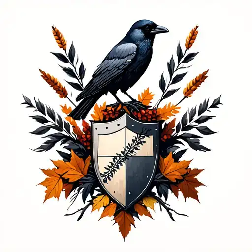 gothic coats of arms shield with a crow perched on top, winds spread, and a bouquet of cattail, fall leaves and branches tattoo design idea