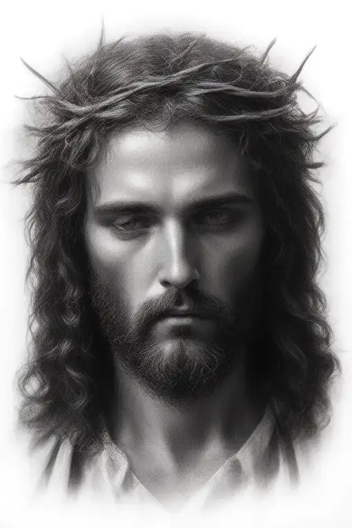 Hyper realistic portrait of Jesus Christ with a crown of thorns, looking down  tattoo design idea