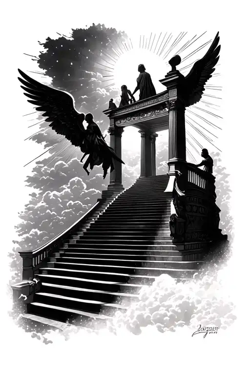 Stairway To Heaven Walking Up Stairs Angels Sun Rays Clouds Heaven Gate At The Top Of The Stairs Tattoo tattoo design idea