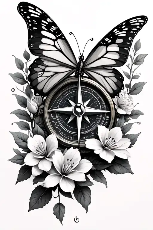 3D mountains & compass intertwined, with jasmine flowers on vine & 3d butterfly that wraps around your shoulder to elbow tattoo design idea