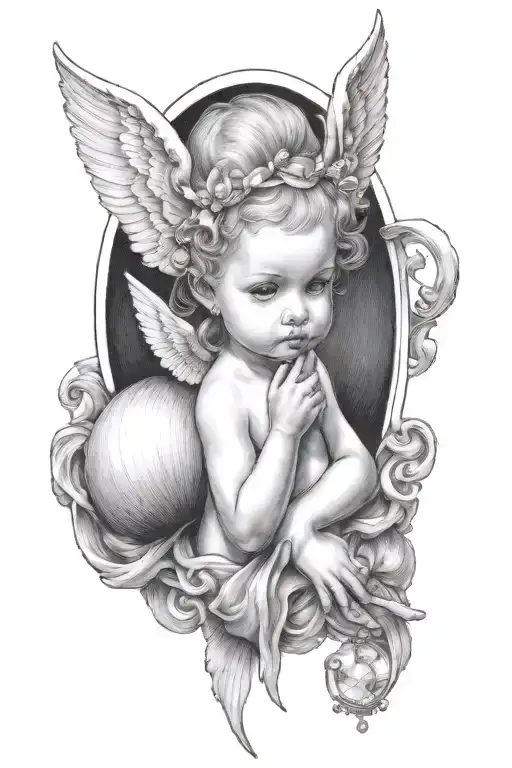 A baby angel with two horns above her head ,holding a diamond a shell which has a pearl in it  tattoo design idea
