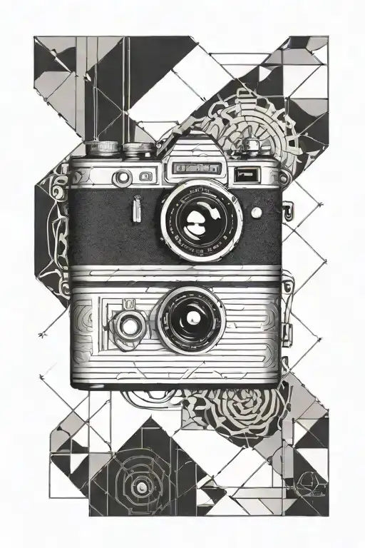 A black and white tattoo that will be on the front arm for a man  of a vintage single camera with lines around for man tattoo design idea