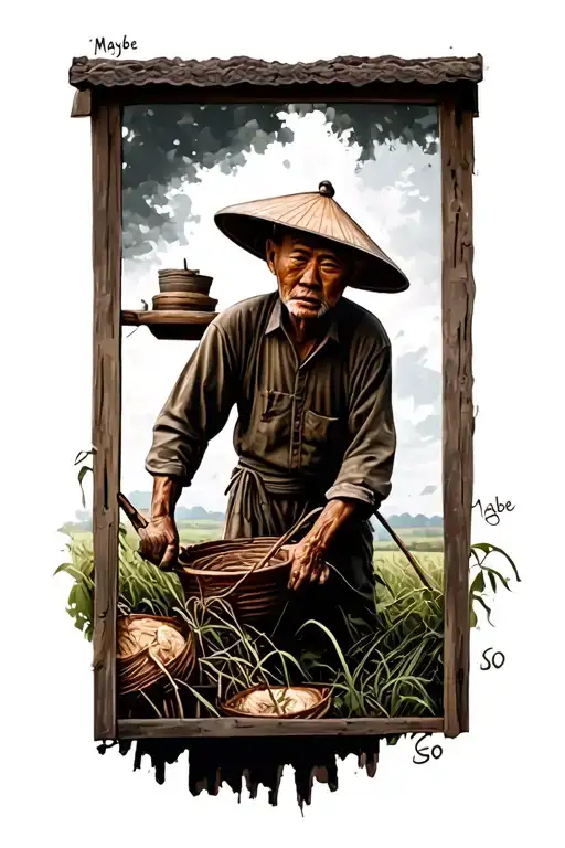 "Maybe so" old Chinese farmer working in the field with his face hidden by his hat tattoo design idea