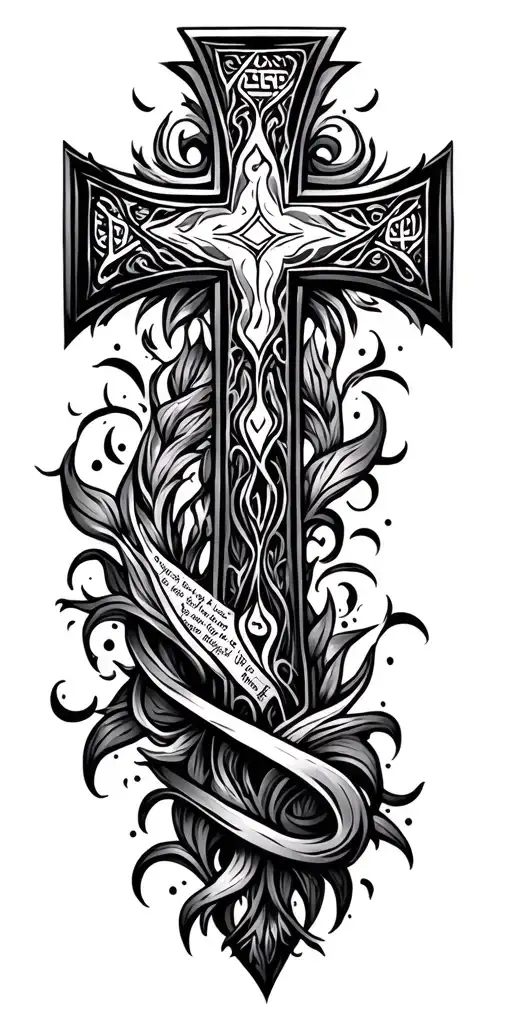 Christian cross, mandala filler outside of cross, Hebrew scripture tattoo design idea