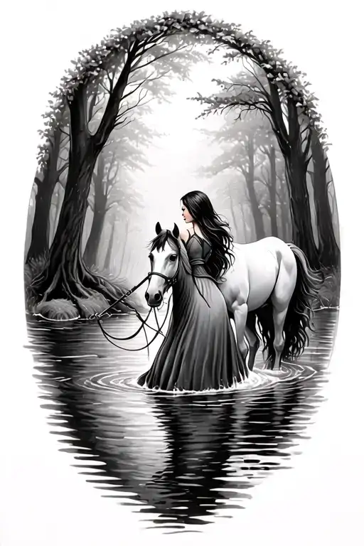 girl leading horse by the reigns through water in a forest tattoo design idea