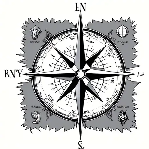 A compass pointing to the regions of your ancestry, with small icons in each direction:greek,spanish,italian,UK,viking tattoo design idea