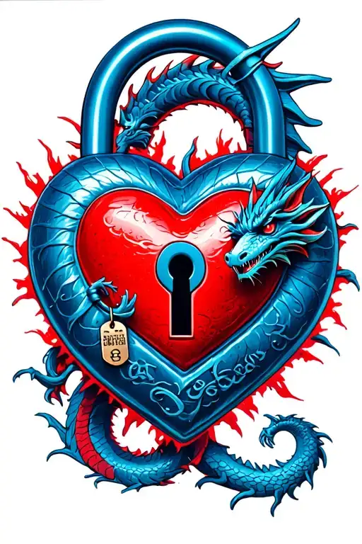 red and blue heart shaped lock with military tags intertwined with a dragon.  tattoo design idea