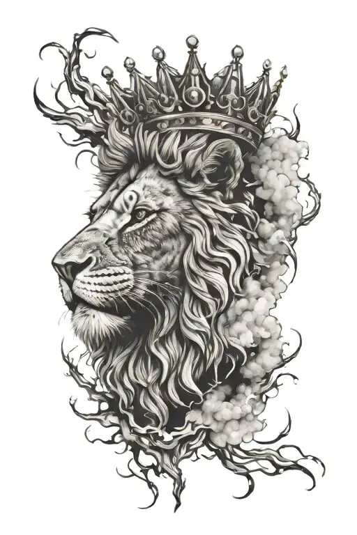 scarred lion of judah with thorne crown with lightning clouds in background  tattoo design idea