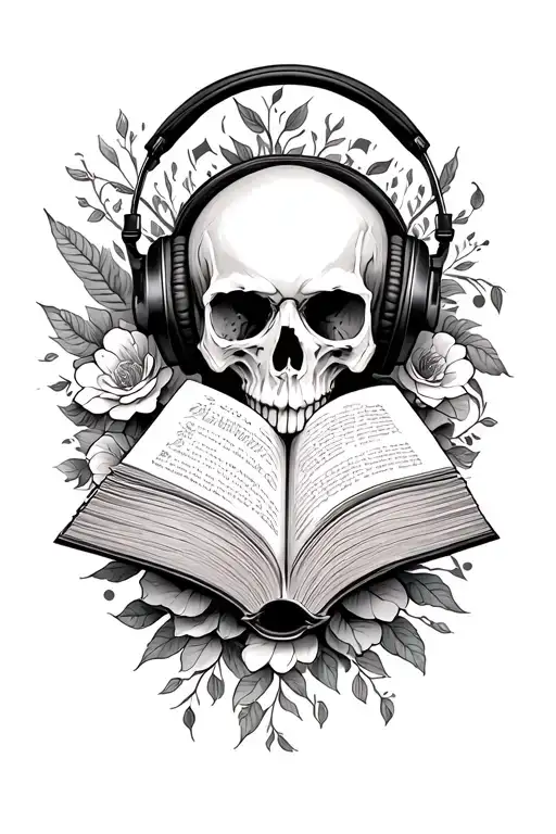 A dark romance themed tattoo incorporating elements of music and books, such as a skull wearing headphones reading a book, reflecting the client's favorite things tattoo design idea