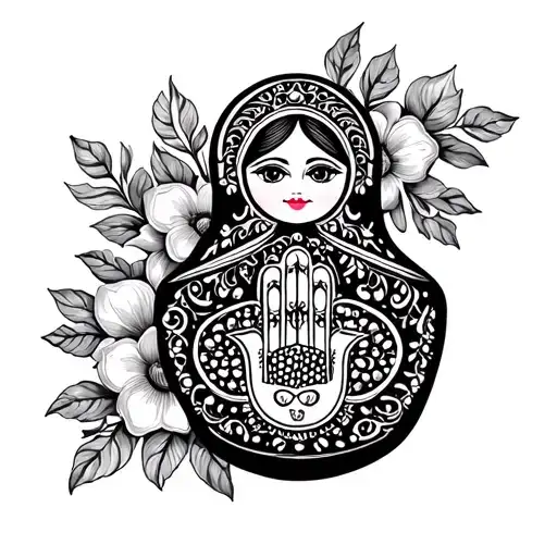 Russian nesting doll with hamsa symbol and flowers and pomegranate  tattoo design idea