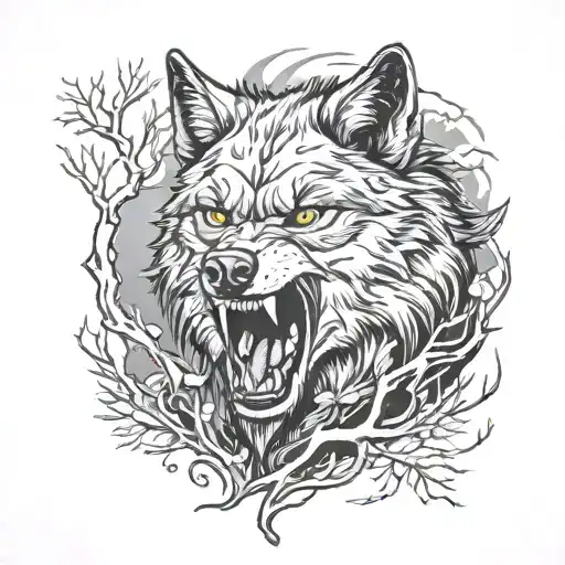 snarling wolf facing forward surrounded by trees tattoo design idea