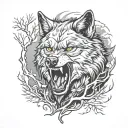 snarling wolf facing forward surrounded by trees tattoo design idea