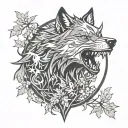 snarling wolf facing forward surrounded by trees tattoo design idea