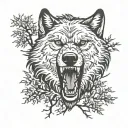 snarling wolf facing forward surrounded by trees tattoo design idea